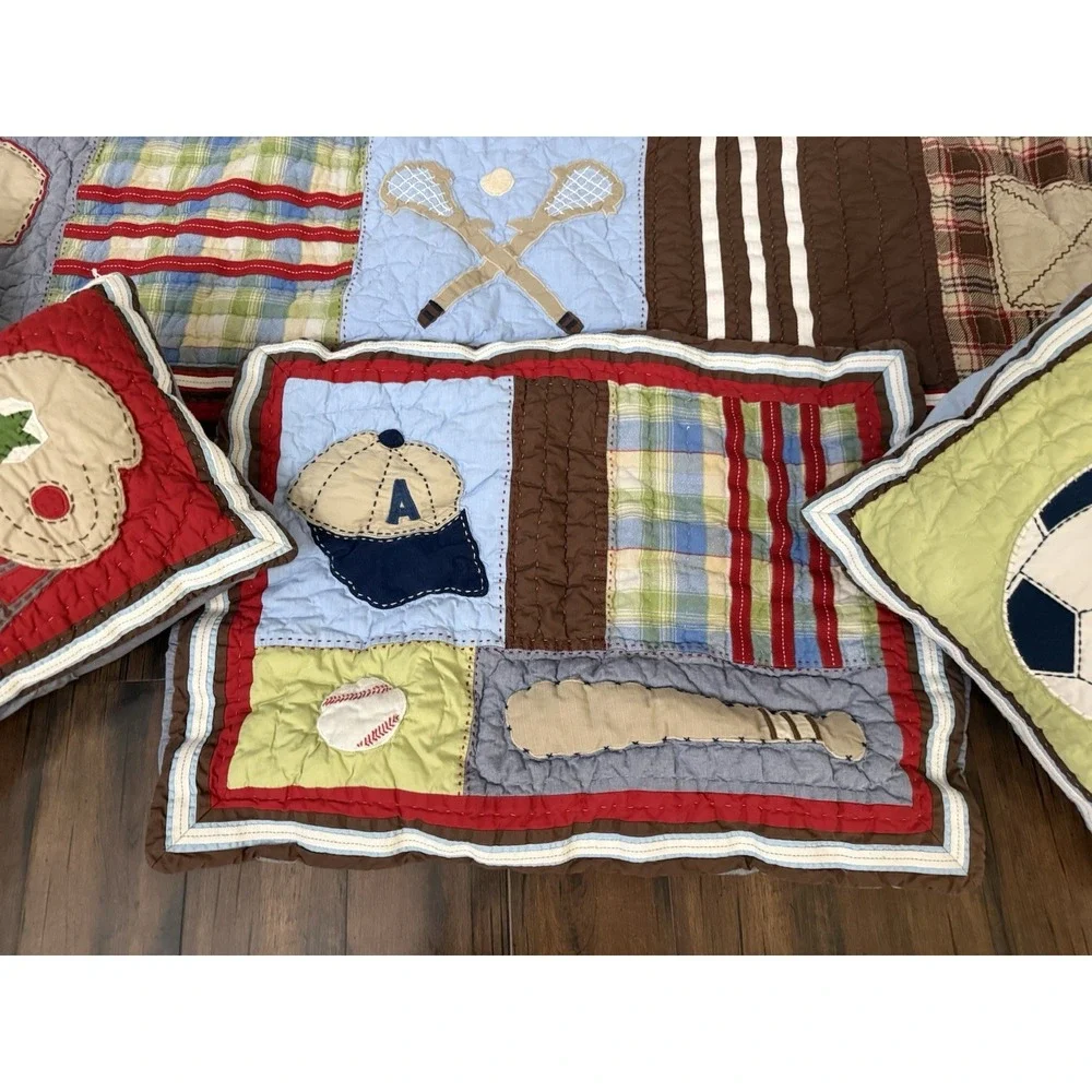 6 pc POTTERY BARN KIDS‎ Twin Quilt Sham Pillows Varsity Sports Plaid Patchwork